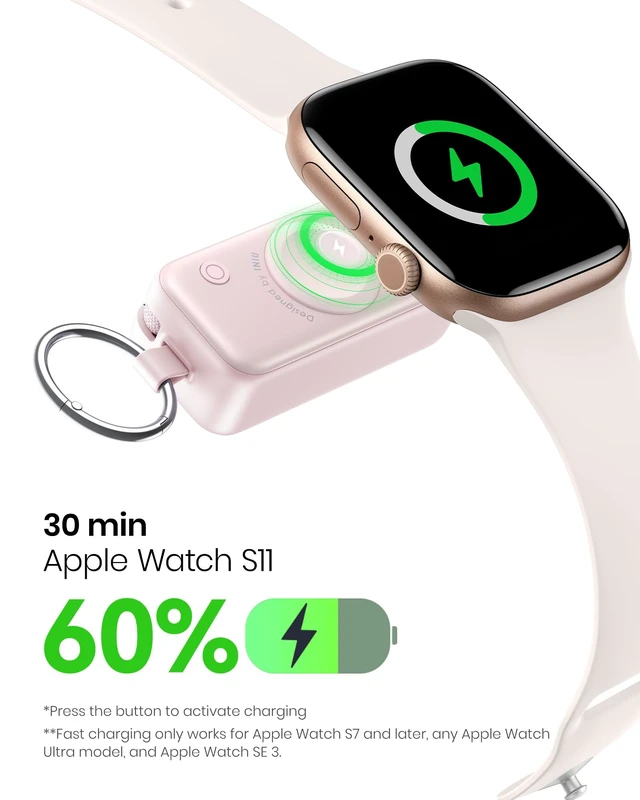 Alt view image 3 of 7 - INIU SnapGo Portable Charger, 5000mAh Mini Power Bank for Apple Watch | 20W Fast Charging, Travel Keychain, Built-in USB-C Cable, Flight-Safe, Battery Pack for Apple Watch, iPhone 18 17 etc, Pink