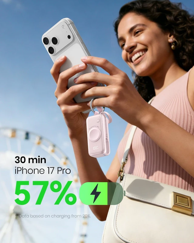 Alt view image 4 of 7 - INIU SnapGo Portable Charger, 5000mAh Mini Power Bank for Apple Watch | 20W Fast Charging, Travel Keychain, Built-in USB-C Cable, Flight-Safe, Battery Pack for Apple Watch, iPhone 18 17 etc, Pink