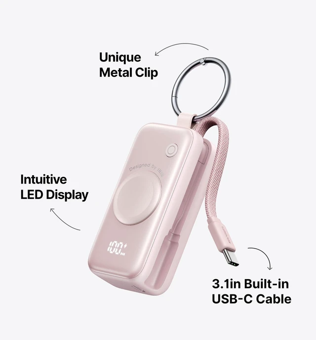 Alt view image 5 of 7 - INIU SnapGo Portable Charger, 5000mAh Mini Power Bank for Apple Watch | 20W Fast Charging, Travel Keychain, Built-in USB-C Cable, Flight-Safe, Battery Pack for Apple Watch, iPhone 18 17 etc, Pink