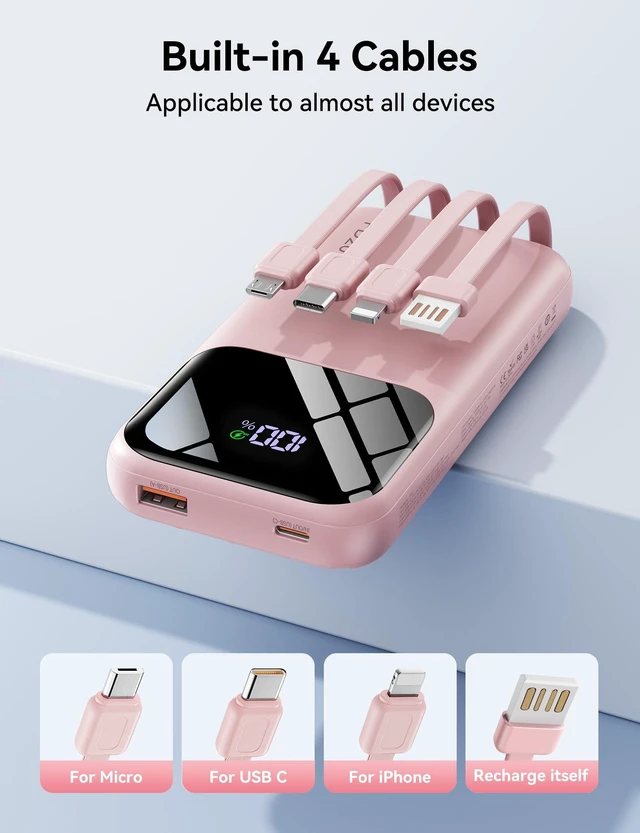 Alt view image 2 of 7 - Fast Charging Portable Charger 10000mAh with Built-in 4 Cables | 5 Outputs 2 Inputs,Slim Power Bank,Travel Essentials,LED Display,External Battery pack for iPhone,for iPad & More