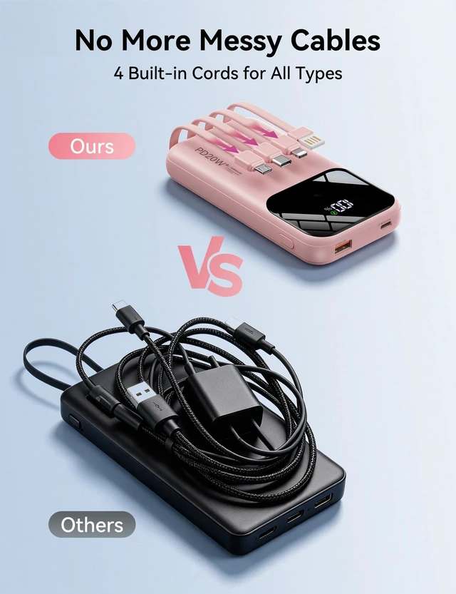 Alt view image 3 of 7 - Fast Charging Portable Charger 10000mAh with Built-in 4 Cables | 5 Outputs 2 Inputs,Slim Power Bank,Travel Essentials,LED Display,External Battery pack for iPhone,for iPad & More