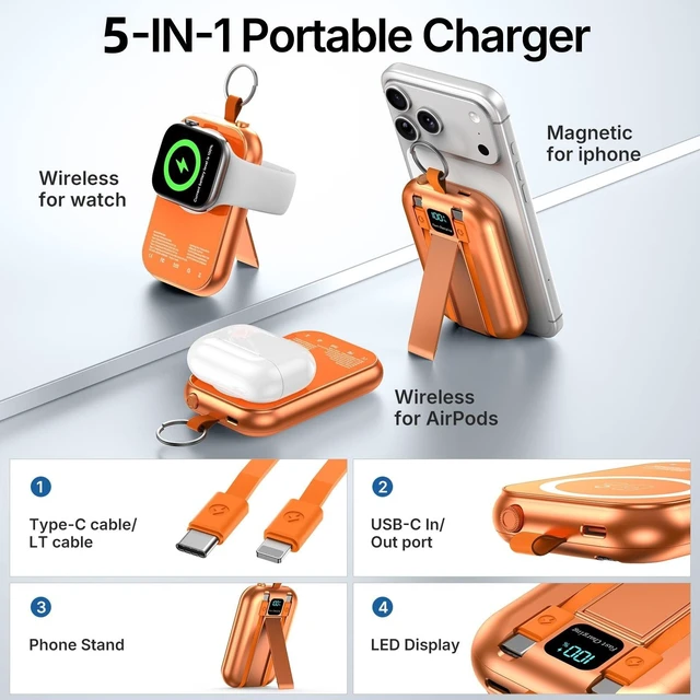 Alt view image 2 of 7 - for MagSafe Portable Charger, 10000mAh Power Bank with Built-in 2 Cables | Magnetic Battery Pack with LED Display, USB C PD 22.5W Fast Charging, Mini Keychain Powerbank for iPhone, iWatch & AirPods