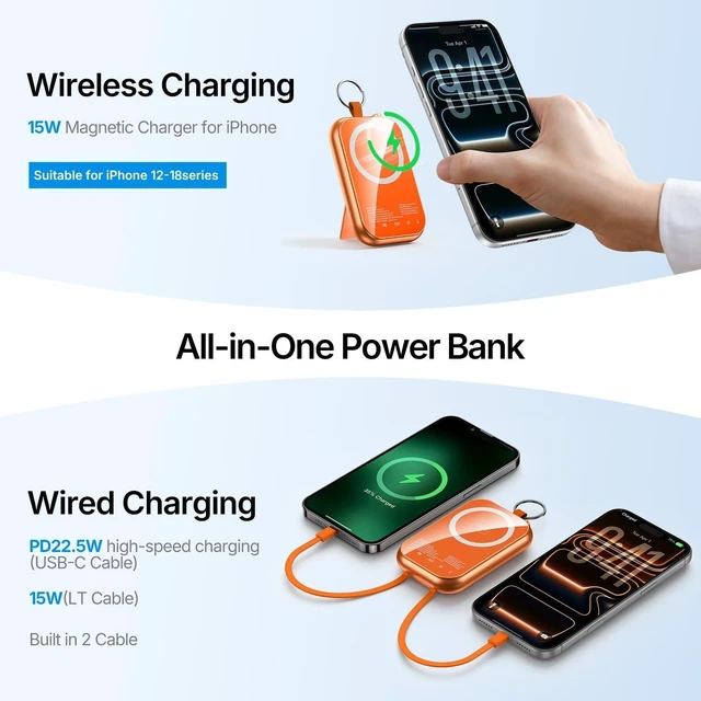 Alt view image 3 of 7 - for MagSafe Portable Charger, 10000mAh Power Bank with Built-in 2 Cables | Magnetic Battery Pack with LED Display, USB C PD 22.5W Fast Charging, Mini Keychain Powerbank for iPhone, iWatch & AirPods