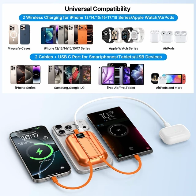 Alt view image 5 of 7 - for MagSafe Portable Charger, 10000mAh Power Bank with Built-in 2 Cables | Magnetic Battery Pack with LED Display, USB C PD 22.5W Fast Charging, Mini Keychain Powerbank for iPhone, iWatch & AirPods