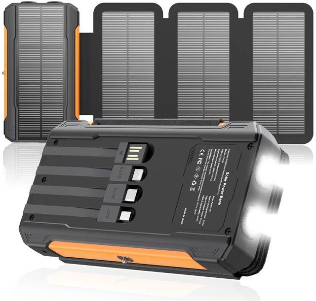 Main image of Solar Charger Power Bank 20000mAh Portable Charger Built-in 4 Cables(Micro/USB-C/Ios Output Cable,USB-A Input Cable) & 4 Solar Panels, 15W Fast Charging Battery Pack with Flashlight for Camping Travel