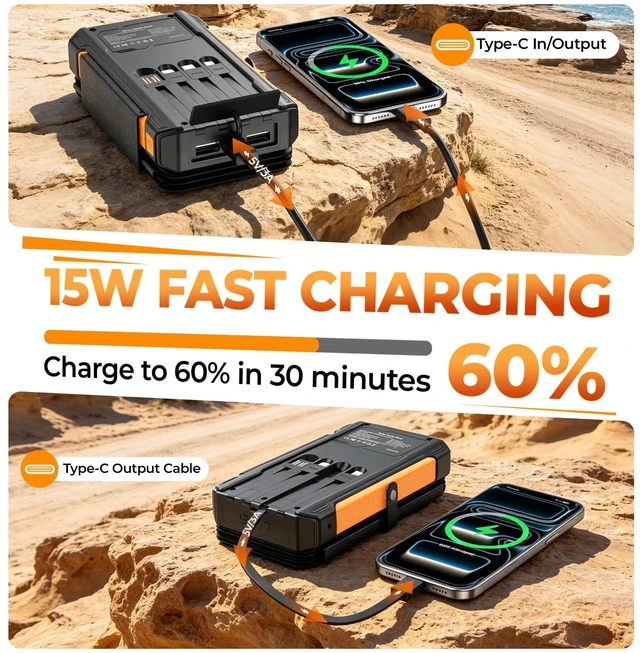 Alt view image 2 of 7 - Solar Charger Power Bank 20000mAh Portable Charger Built-in 4 Cables(Micro/USB-C/Ios Output Cable,USB-A Input Cable) & 4 Solar Panels, 15W Fast Charging Battery Pack with Flashlight for Camping Travel