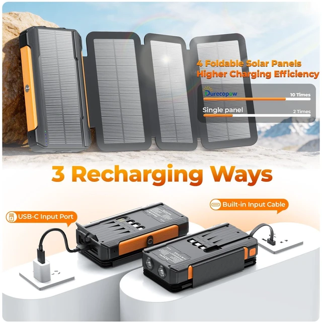 Alt view image 4 of 7 - Solar Charger Power Bank 20000mAh Portable Charger Built-in 4 Cables(Micro/USB-C/Ios Output Cable,USB-A Input Cable) & 4 Solar Panels, 15W Fast Charging Battery Pack with Flashlight for Camping Travel