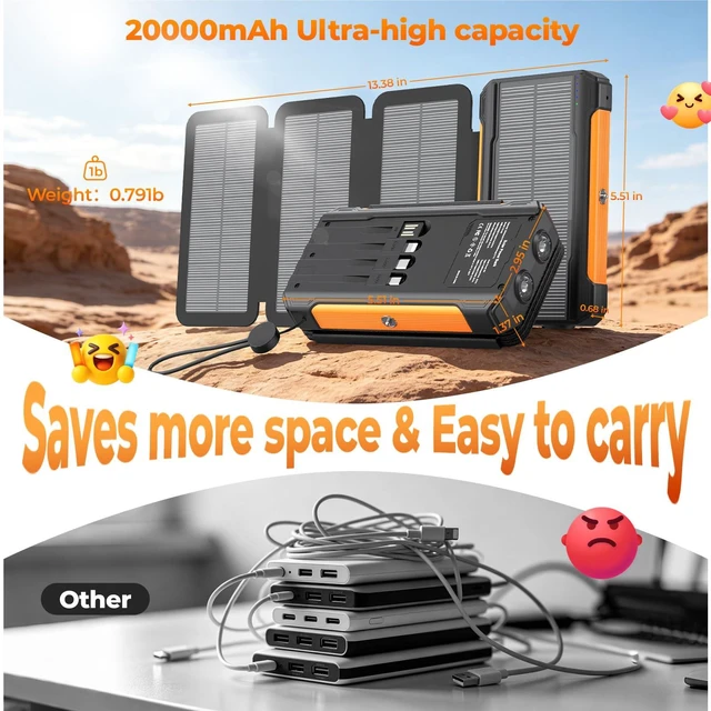Alt view image 5 of 7 - Solar Charger Power Bank 20000mAh Portable Charger Built-in 4 Cables(Micro/USB-C/Ios Output Cable,USB-A Input Cable) & 4 Solar Panels, 15W Fast Charging Battery Pack with Flashlight for Camping Travel
