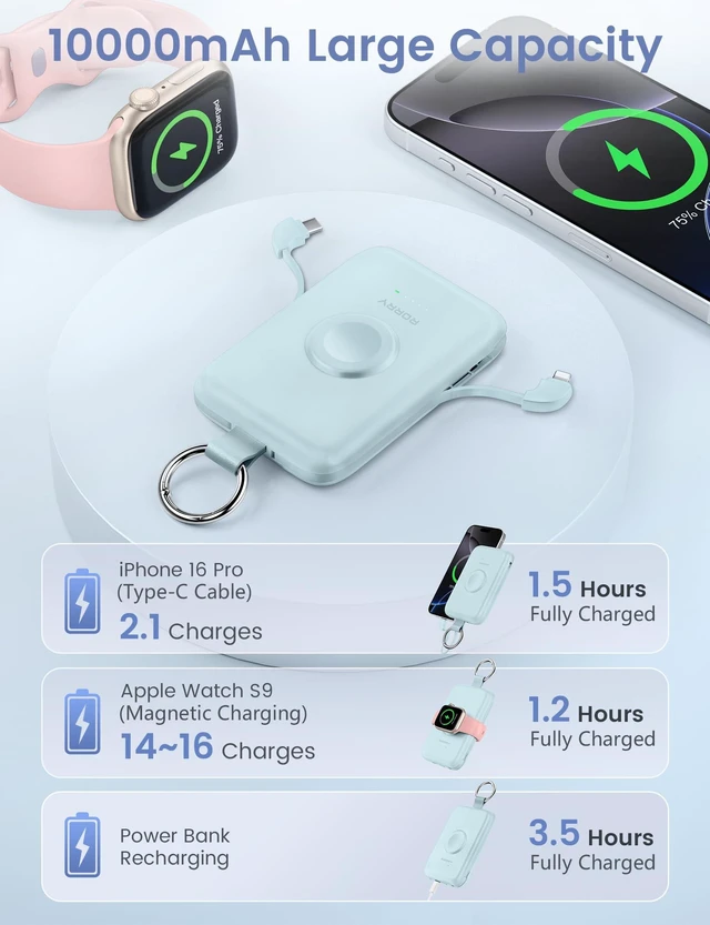 Alt view image 5 of 6 - RORRY CharmGo Portable Charger, 10000mAh 20W Fast Charging Power Bank | Built-in Cables, Travel Keychain Battery Pack Essentials for Apple Watch 1~12 Series/Ultra/SE & iPhone 18 Pro Max/17/16/15