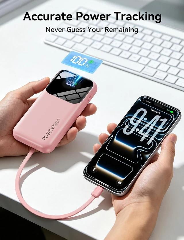 Alt view image 5 of 7 - Fast Charging Portable Charger 10000mAh with Built-in 4 Cables | 5 Outputs 2 Inputs,Slim Power Bank,Travel Essentials,LED Display,External Battery pack for iPhone,for iPad & More