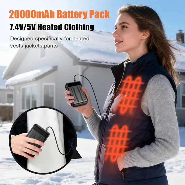 Alt view image 3 of 7 - Whsahans 7.4V 5V 20000mah Battery Pack for Heated Veats Jackets for ORORO, Venustas, Rechargeable Power Bank Battery Pack for Heating Vests Jackets Hoodies Pants Coat Suit with DC Port for Men Women
