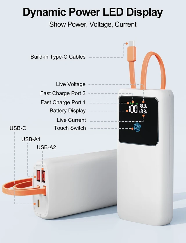 Alt view image 5 of 7 - Makoval Portable Laptop Charger 24000mAh 65W w/USB C Built-in Cable White | 65W Fast charging, LED display, Charge 4 devices at once, Pass through TSA approved, Compatible with Macbook/Notebook/iPhone