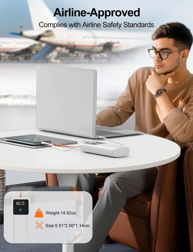 Alt view image 7 of 7 - Makoval Portable Laptop Charger 24000mAh 65W w/USB C Built-in Cable White | 65W Fast charging, LED display, Charge 4 devices at once, Pass through TSA approved, Compatible with Macbook/Notebook/iPhone