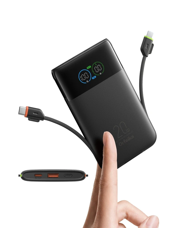 Main image of Orfeika 10000mAh Ultra Slim Portable Charger Power Bank with Built-in Cable | 20W PD USB C Fast Charging, Smart Power Readout, Flight-Safe,Travel Essentials Battery Pack for iPhone,Galaxy, iPad & More