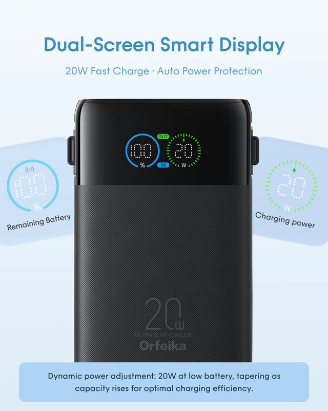 Alt view image 3 of 7 - Orfeika 10000mAh Ultra Slim Portable Charger Power Bank with Built-in Cable | 20W PD USB C Fast Charging, Smart Power Readout, Flight-Safe,Travel Essentials Battery Pack for iPhone,Galaxy, iPad & More