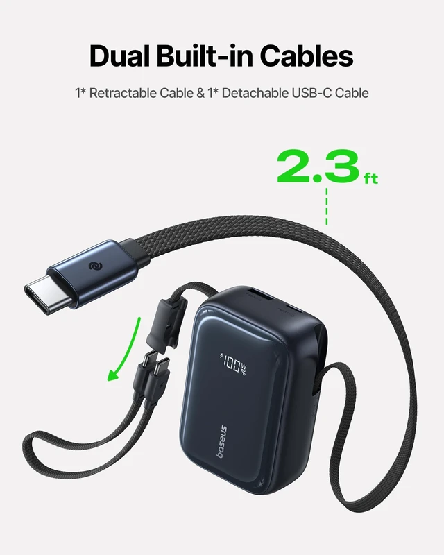 Alt view image 2 of 7 - Baseus PicoGo AR11 45W 10000mAh Portable Charger, Retractable USB-C Cable | Dual Built-in USB-C Cables, retractable & detachable 2in1 design, Compact Travel Power Bank for iPhone 18/17/16/15