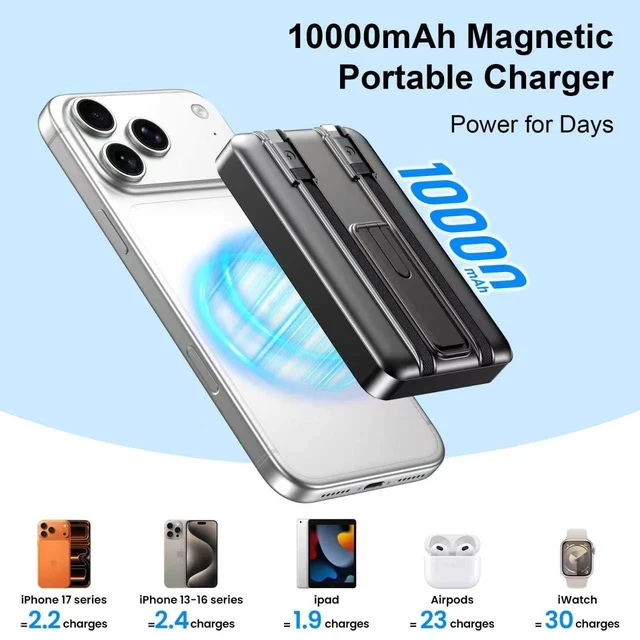 Alt view image 6 of 7 - for MagSafe Portable Charger, 10000mAh Power Bank with Built-in 2 Cables | Magnetic Battery Pack with LED Display, 22.5W USB-C Fast Charging,Travel Essential with Stand for iPhone, iWatch & AirPods