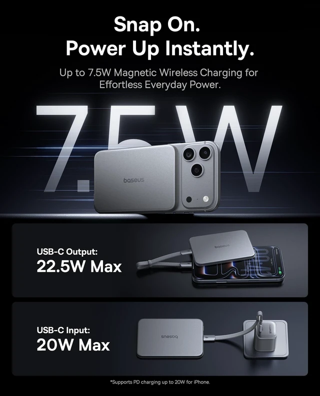 Alt view image 7 of 7 - Baseus Picogo Air AM71 CCC Certified 5000mAh Ultra Slim Power Bank 0.27 " | Magnetic Wireless Charging, Built-in 22.5W USB-C Cable, Fast charging, Compatible With iPhone 18/17/16/15/14/13 Only