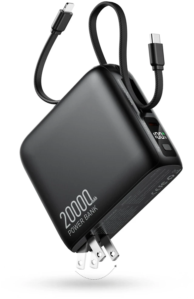 Main image of 20000mAh Portable Charger, 22.5W Power Bank Built-In Cables and AC Plug | Built-in AC wall plug and Type-C/Lightning cables, LED display, charges 3 devices, 30% smaller than standard packs