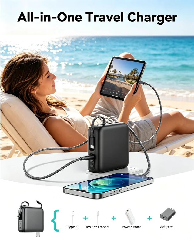 Alt view image 3 of 7 - 20000mAh Portable Charger, 22.5W Power Bank Built-In Cables and AC Plug | Built-in AC wall plug and Type-C/Lightning cables, LED display, charges 3 devices, 30% smaller than standard packs