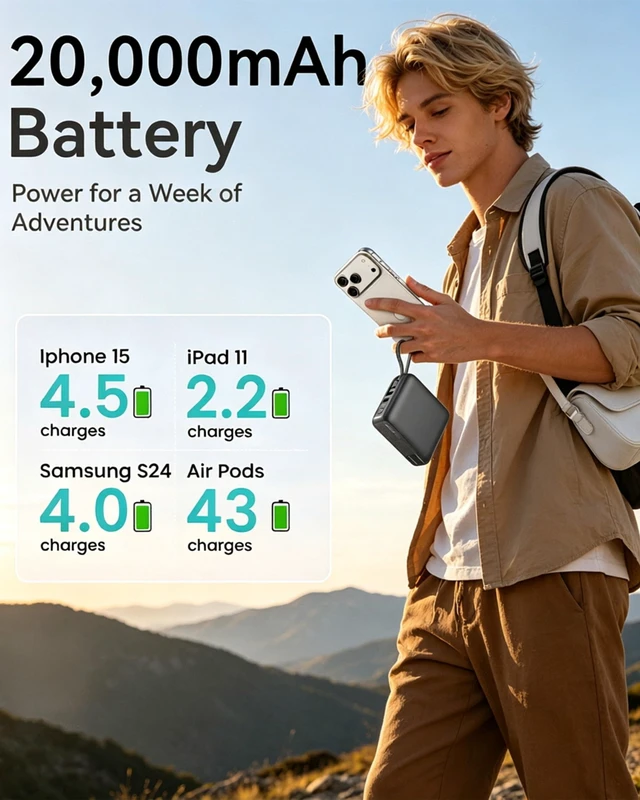 Alt view image 5 of 7 - 20000mAh Portable Charger, 22.5W Power Bank Built-In Cables and AC Plug | Built-in AC wall plug and Type-C/Lightning cables, LED display, charges 3 devices, 30% smaller than standard packs