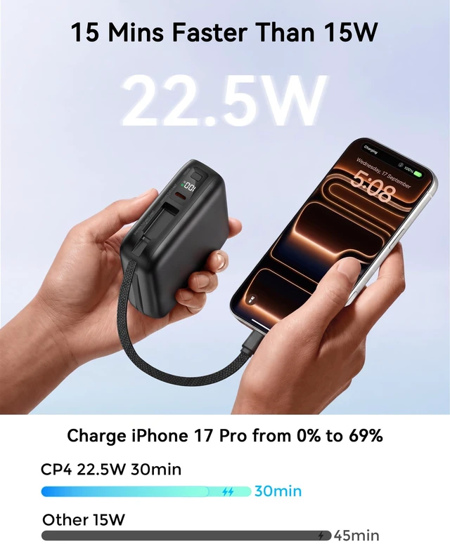 Alt view image 6 of 7 - 20000mAh Portable Charger, 22.5W Power Bank Built-In Cables and AC Plug | Built-in AC wall plug and Type-C/Lightning cables, LED display, charges 3 devices, 30% smaller than standard packs