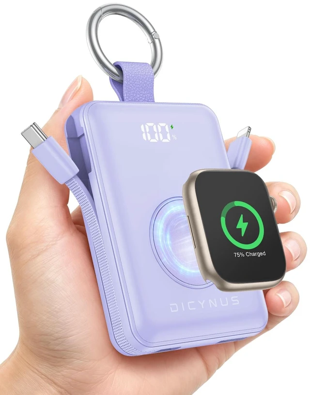 Main image of Portable Charger 5000mAh 20W Power Bank Built-in 2 Cables&iWatch Charger | Fast charging, LED display, TSA approved, Compact Keychain Battery Pack for iPhone 18/17/16/15/14/13, iWatch Series, Purple