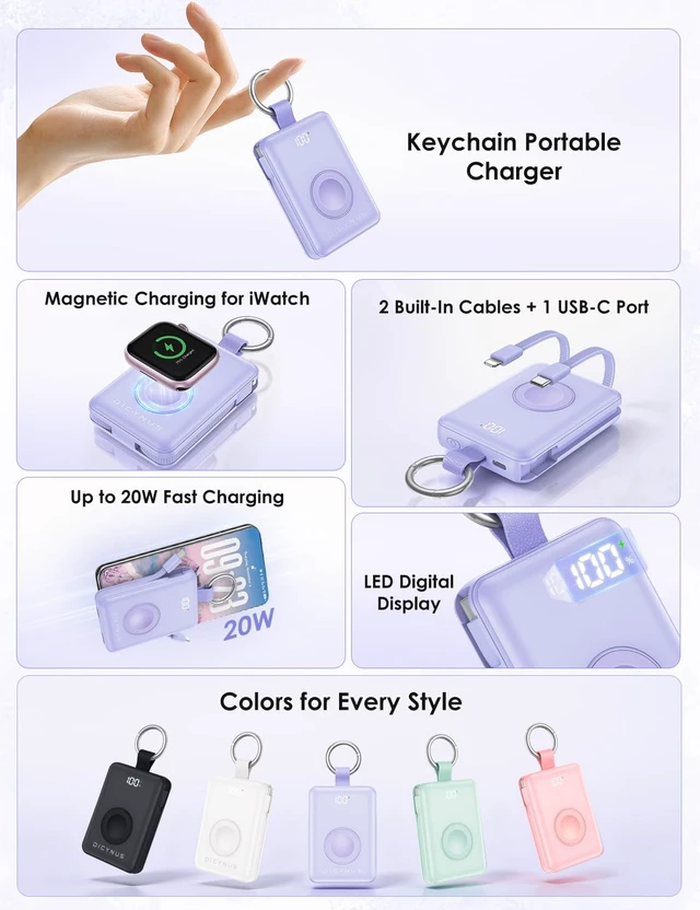 Alt view image 2 of 7 - Portable Charger 5000mAh 20W Power Bank Built-in 2 Cables&iWatch Charger | Fast charging, LED display, TSA approved, Compact Keychain Battery Pack for iPhone 18/17/16/15/14/13, iWatch Series, Purple