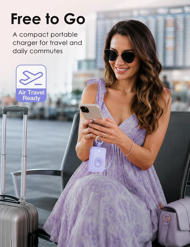 Alt view image 7 of 7 - Portable Charger 5000mAh 20W Power Bank Built-in 2 Cables&iWatch Charger | Fast charging, LED display, TSA approved, Compact Keychain Battery Pack for iPhone 18/17/16/15/14/13, iWatch Series, Purple