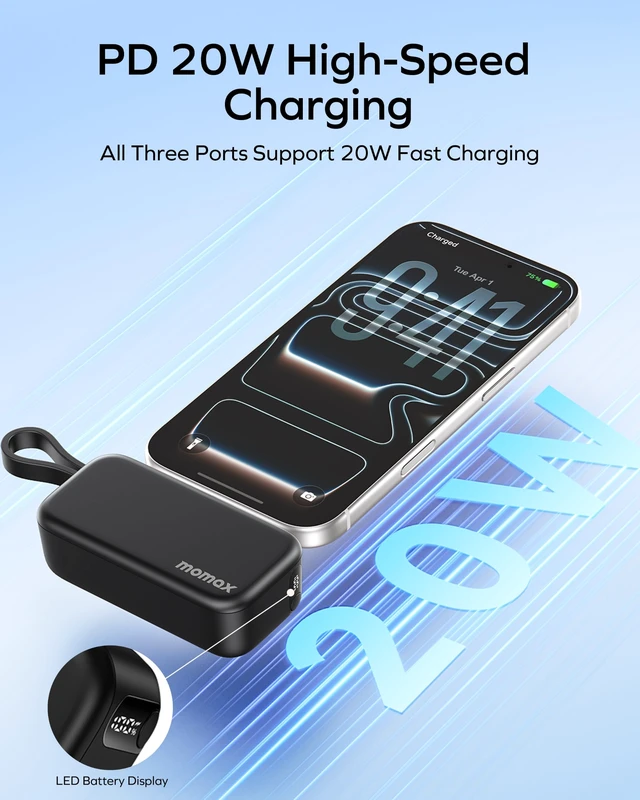 Alt view image 4 of 7 - MOMAX Portable Charger 5000mAh Small Power Bank Wireless Portable Charger | PD 20W Fast Charging, 3 USB-C Port, LED Battery Display, Mini, Smart Temperature Control for iPhone 17 16 15 Pro Max, Black