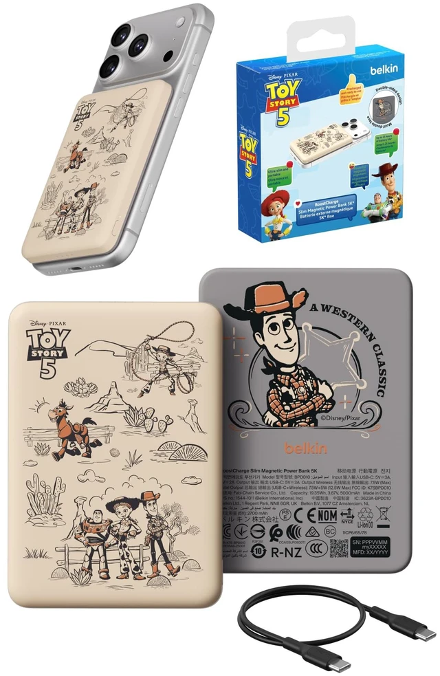 Main image of Belkin Disney Toy Story 5 Magnetic Power Bank 5000mAh Portable Charger | Wireless Charging Battery Pack, iPhone 17, iPad, Samsung Galaxy, Pixel, Ultra Slim, USB C Port, USB C Cable, Charge 2 Devices
