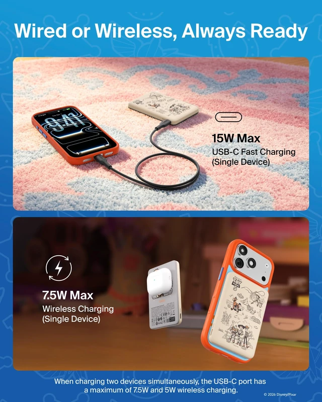 Alt view image 4 of 7 - Belkin Disney Toy Story 5 Magnetic Power Bank 5000mAh Portable Charger | Wireless Charging Battery Pack, iPhone 17, iPad, Samsung Galaxy, Pixel, Ultra Slim, USB C Port, USB C Cable, Charge 2 Devices
