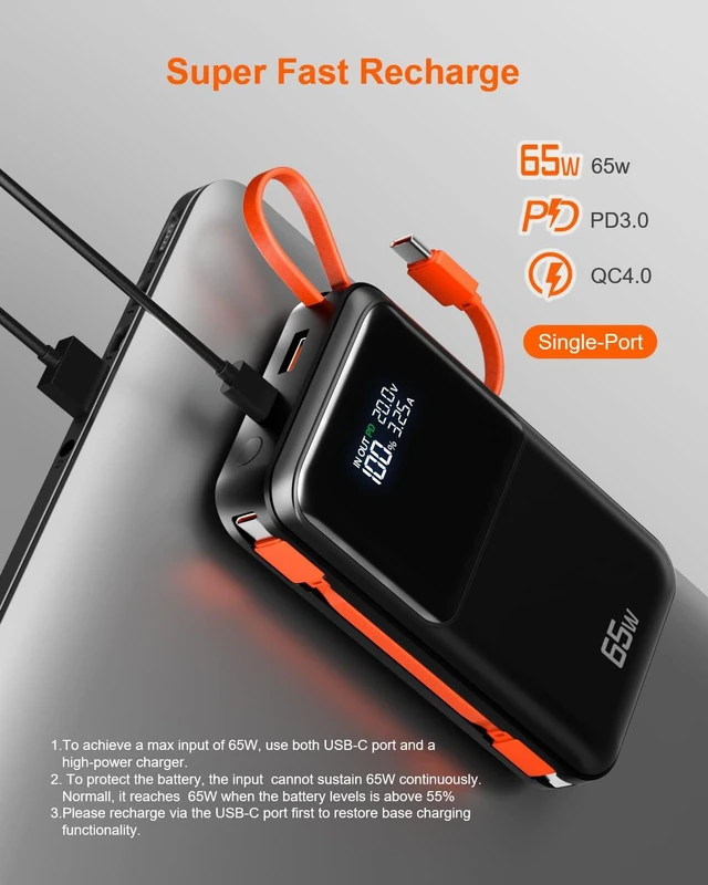 Alt view image 2 of 7 - 65W Portable Laptop Charger - 26,800mAh Power Bank with Built-in USB-C Cables, 3-Port 130W Total Fast Charging for MacBook/iPhone/Steam Deck|TSA-Approved Travel Essential Airplane Safe (Black)