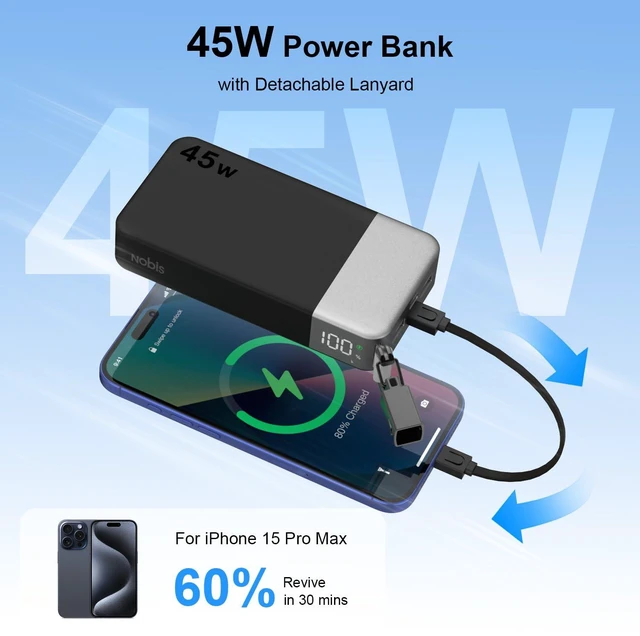 Alt view image 2 of 7 - NOBIS Portable Charger 20000mAh 45W Power Bank w/Detachable Cable | 2C+2A Battery Pack w/Dual Type-C Cable, Battery Bank w/ Digital Display for Phone, Laptop, Steam Deck