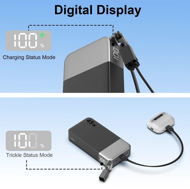 Alt view image 7 of 7 - NOBIS Portable Charger 20000mAh 45W Power Bank w/Detachable Cable | 2C+2A Battery Pack w/Dual Type-C Cable, Battery Bank w/ Digital Display for Phone, Laptop, Steam Deck