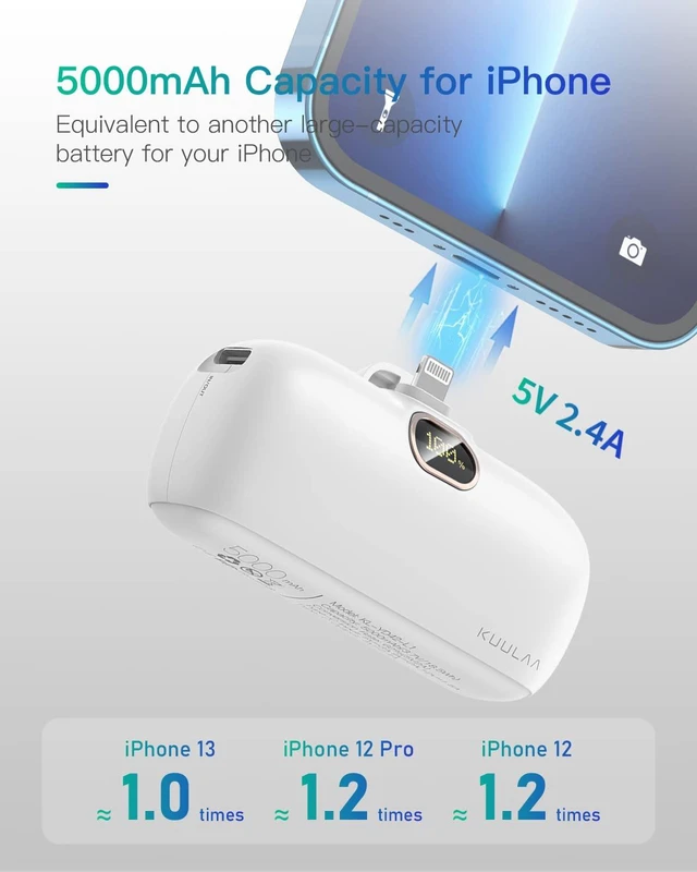 Alt view image 3 of 7 - Kuulaa Small Portable Charger iPhone with Built-in Lightning Cable 5000mAh Power Bank Fast Charging for iPhone 14/13/13 Pro/12/12 Pro/11/XR/XS/X/8/7/6, White