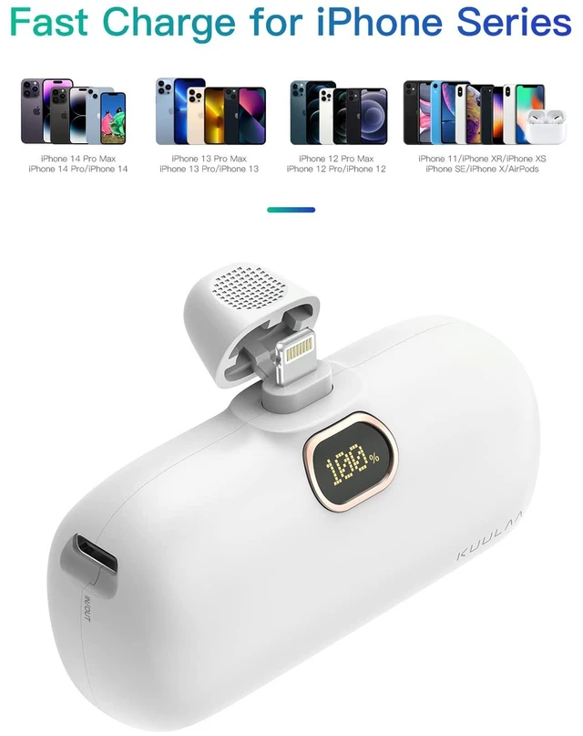 Alt view image 7 of 7 - Kuulaa Small Portable Charger iPhone with Built-in Lightning Cable 5000mAh Power Bank Fast Charging for iPhone 14/13/13 Pro/12/12 Pro/11/XR/XS/X/8/7/6, White