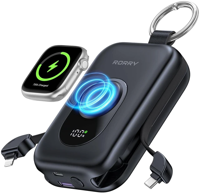 Main image of RORRY CharmGo Portable Charger, 20000mAh PD 30W Portable Charger Power Bank | Built-in Cables, Fast Charging Keychain Portable Battery Pack, Travel Essentials for iPhone, Apple Watch, iPad