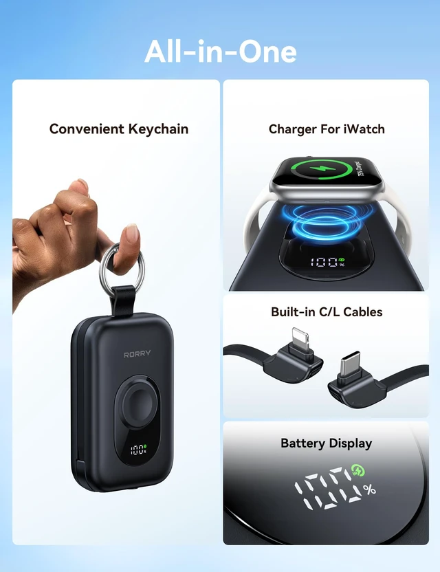 Alt view image 2 of 7 - RORRY CharmGo Portable Charger, 20000mAh PD 30W Portable Charger Power Bank | Built-in Cables, Fast Charging Keychain Portable Battery Pack, Travel Essentials for iPhone, Apple Watch, iPad