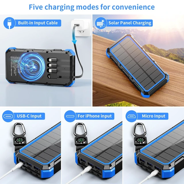 Alt view image 3 of 7 - Solar Charger Power Bank 20000mAh Wireless Charger QC 3.0 Fast Charging Power Bank 8 Outputs 4 Inputs Solar Portable Charger Compatible with All Mobile Devices,SOS/Strobe/Strong Flashlights (blue)