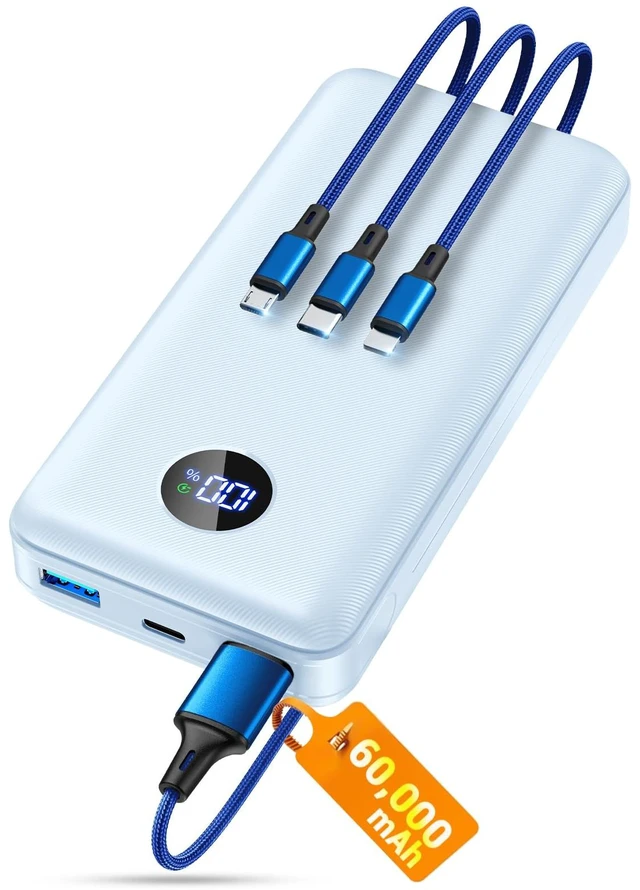 Main image of 60000mAh Portable Charger Power Bank, 22.5W PD Fast-Charge Battery Pack | Charge 5 Device, 3-Ports & 3 in 1 Cable, Fit All Cell Phone/Tablets,Camping/Travel, Blue