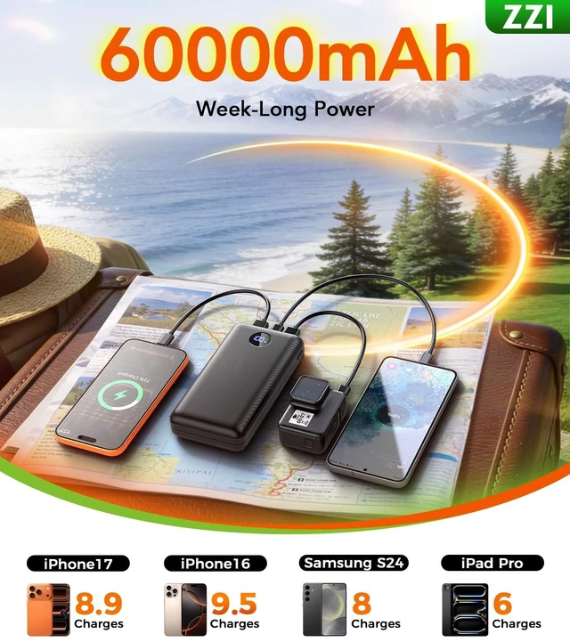 Alt view image 2 of 7 - 60000mAh Portable Charger Power Bank, 22.5W PD Fast-Charge Battery Pack | Charge 5 Device, 3-Ports & 3 in 1 Cable, Fit All Cell Phone/Tablets,Camping/Travel, Blue