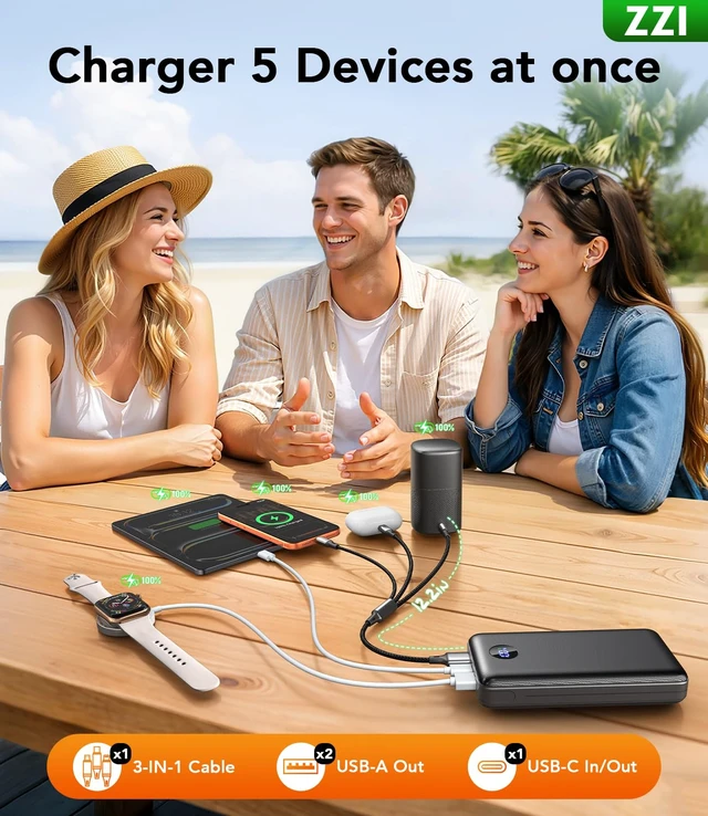Alt view image 5 of 7 - 60000mAh Portable Charger Power Bank, 22.5W PD Fast-Charge Battery Pack | Charge 5 Device, 3-Ports & 3 in 1 Cable, Fit All Cell Phone/Tablets,Camping/Travel, Blue