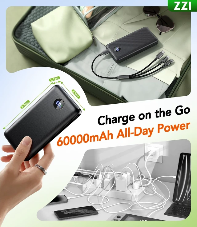 Alt view image 7 of 7 - 60000mAh Portable Charger Power Bank, 22.5W PD Fast-Charge Battery Pack | Charge 5 Device, 3-Ports & 3 in 1 Cable, Fit All Cell Phone/Tablets,Camping/Travel, Blue