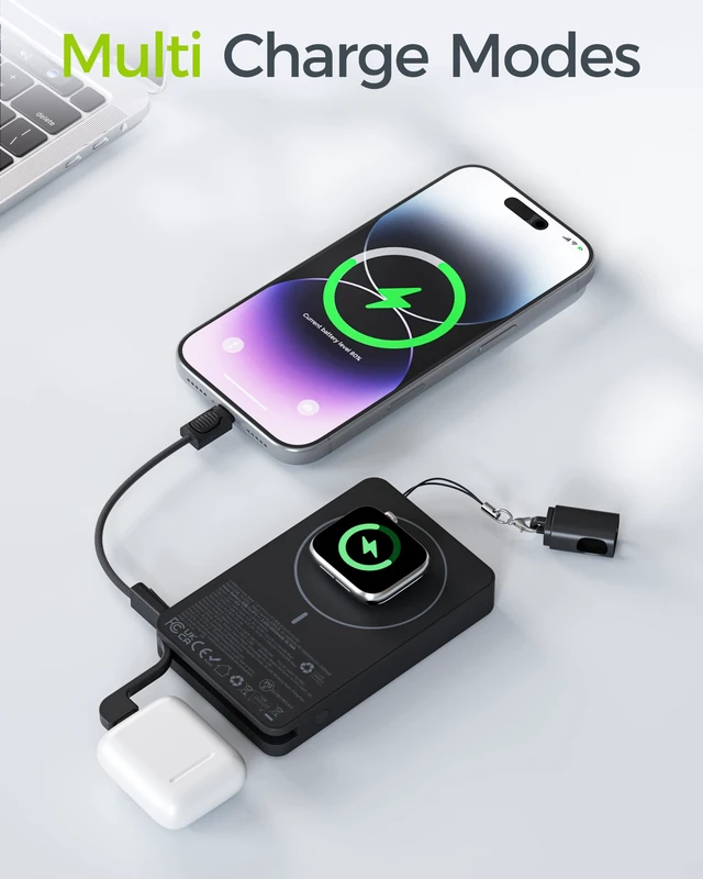Alt view image 4 of 7 - CHARCO Magnetic Portable Charger Power Bank 10000mAh for Magsafe Charging | 20W PD Fast Charging, Lanyard Charging Cable, USB-C Input and Output for Apple Watch, AirPods, iPhone18/17/16, iPad, Samsung