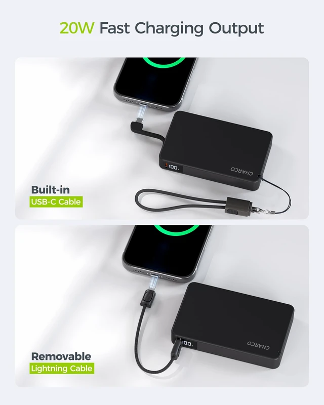 Alt view image 3 of 7 - CHARCO Magnetic Portable Charger Power Bank 10000mAh for Magsafe Charging | 20W PD Fast Charging, Lanyard Charging Cable, USB-C Input and Output for Apple Watch, AirPods, iPhone18/17/16, iPad, Samsung