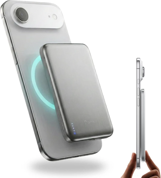 Main image of BMX SolidSafe Air Semi-Solid Power Bank, 5000mAh Qi2 (Silver) | World's thinnest semi-solid 5000mAh at 6.8mm; semi-solid-state safety; MagSafe-compatible 15W Qi2; 20W USB-C; titanium shell