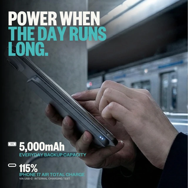 Alt view image 4 of 7 - BMX SolidSafe Air Semi-Solid Power Bank, 5000mAh Qi2 (Silver) | World's thinnest semi-solid 5000mAh at 6.8mm; semi-solid-state safety; MagSafe-compatible 15W Qi2; 20W USB-C; titanium shell