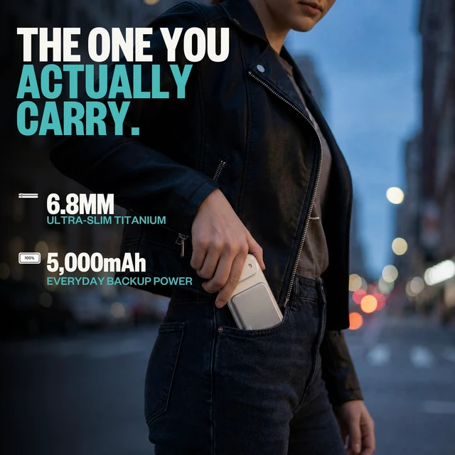 Alt view image 2 of 7 - BMX SolidSafe Air Semi-Solid Power Bank, 5000mAh Qi2 (Silver) | World's thinnest semi-solid 5000mAh at 6.8mm; semi-solid-state safety; MagSafe-compatible 15W Qi2; 20W USB-C; titanium shell