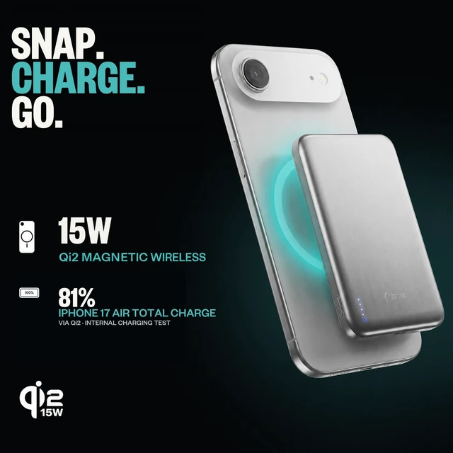 Alt view image 5 of 7 - BMX SolidSafe Air Semi-Solid Power Bank, 5000mAh Qi2 (Silver) | World's thinnest semi-solid 5000mAh at 6.8mm; semi-solid-state safety; MagSafe-compatible 15W Qi2; 20W USB-C; titanium shell